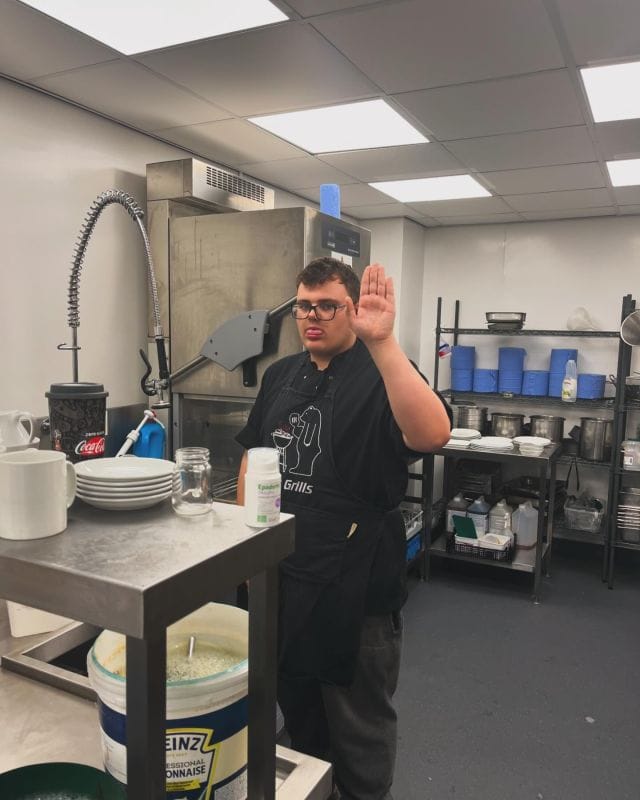 Meet Ady. He works full time in our shiny new kitchen. He is dry, quirky and a has a very quick wit and wicked sense of humour. He started with us as a fairly shy 17 year old. He is also our EMPLOYEE OF THE QUARTER! Well done Ady- not just the GM vote- but you took the majority of the team votes. Well done and thank you for the nearly sensible photo 😜🎉